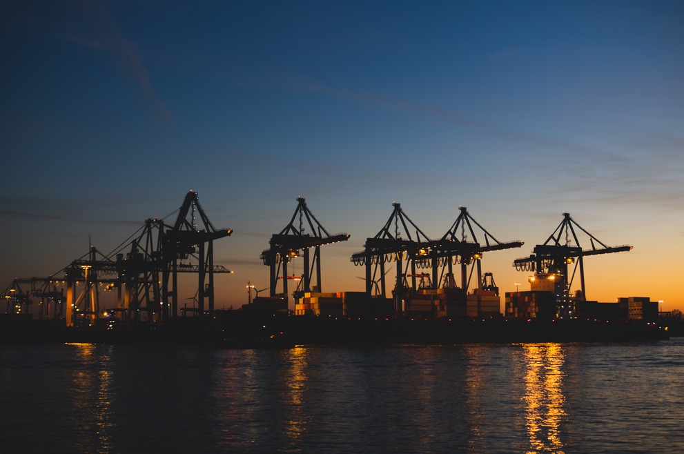 The Burchard Kai of the Hamburg Habour at sunset.