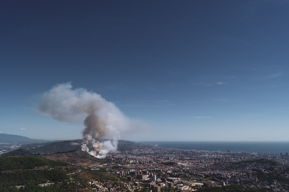 A bush fire on a hill just outside of Barcelona.