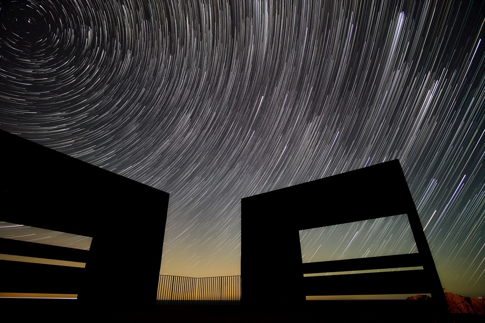 Star trails at the Cap de Creus with black quarters in the foreground