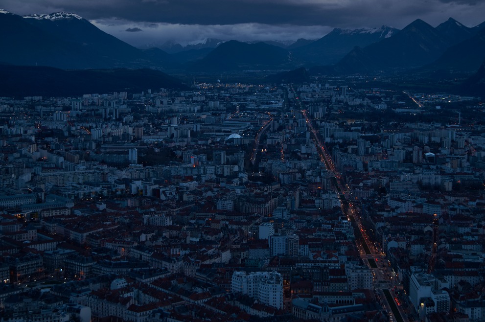 Blue hour at Grenoble and the French Alps from the Bastille